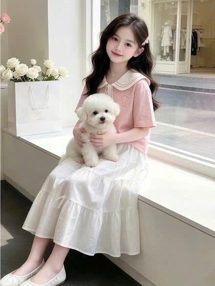 A607 - SET ÁO HỒNG CỘC TAY CỔ THỦY THỦ CV TRẮNG DÀI