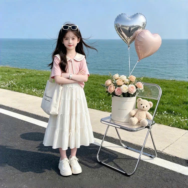 A607 - SET ÁO HỒNG CỘC TAY CỔ THỦY THỦ CV TRẮNG DÀI