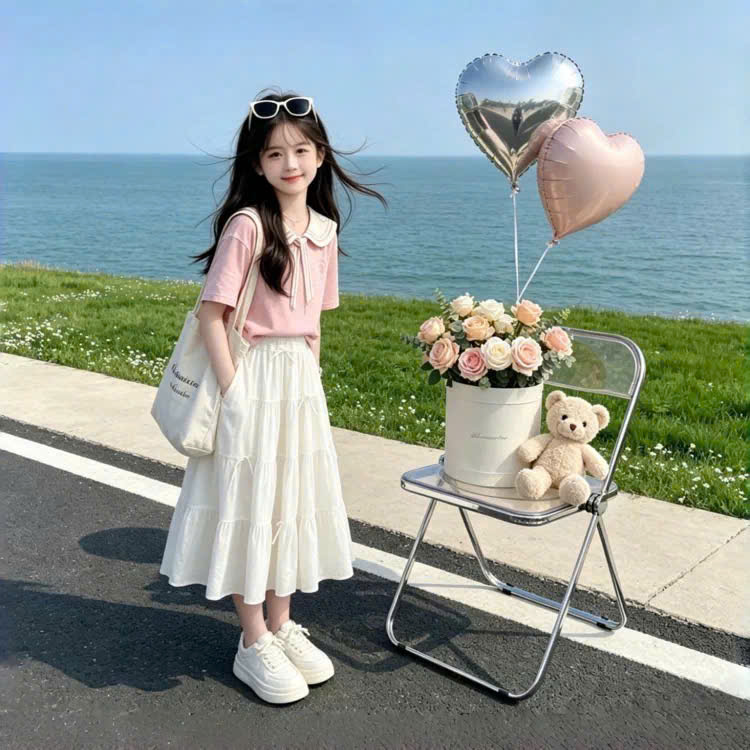 A607 - SET ÁO HỒNG CỘC TAY CỔ THỦY THỦ CV TRẮNG DÀI
