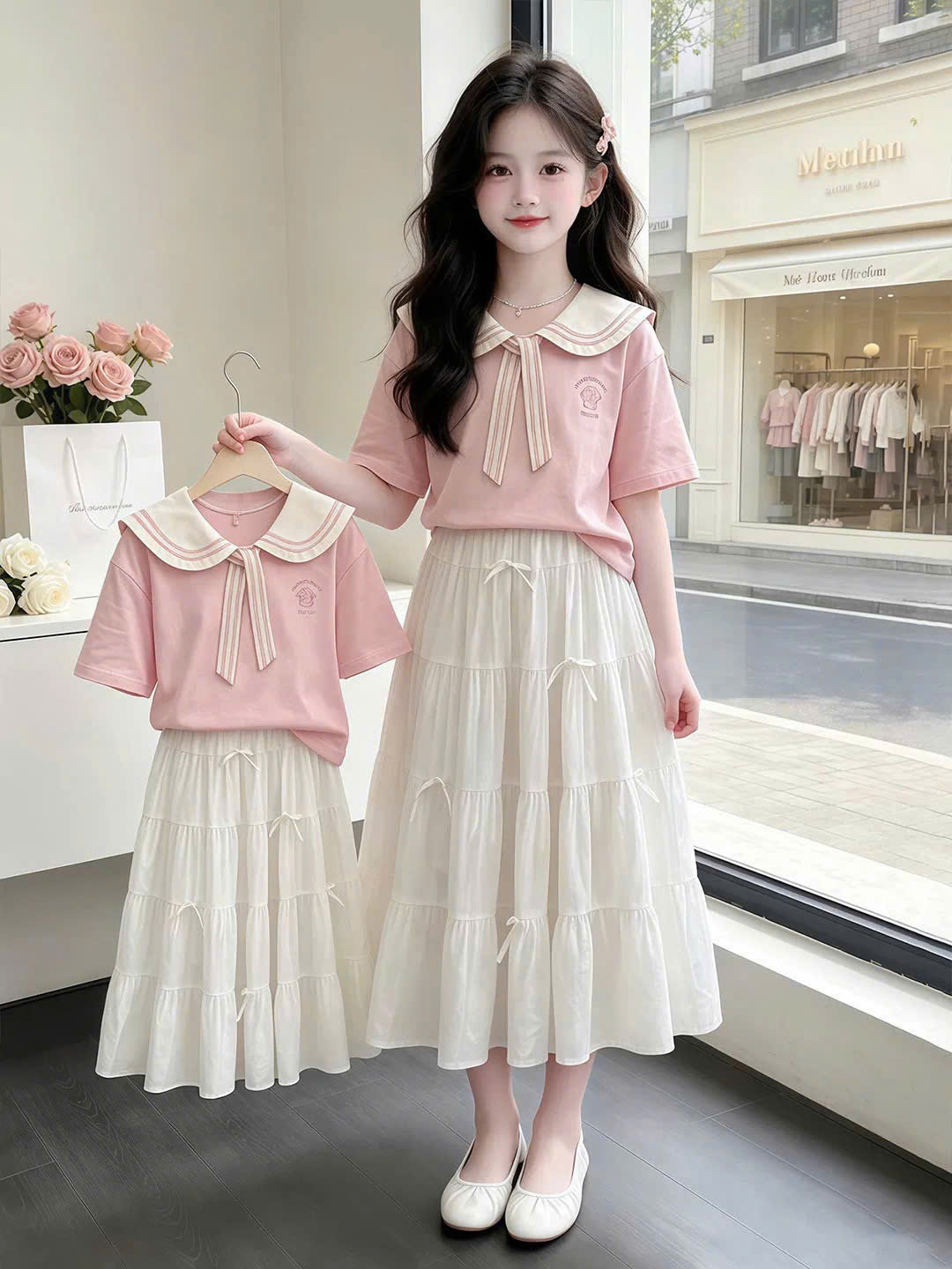 A607 - SET ÁO HỒNG CỘC TAY CỔ THỦY THỦ CV TRẮNG DÀI