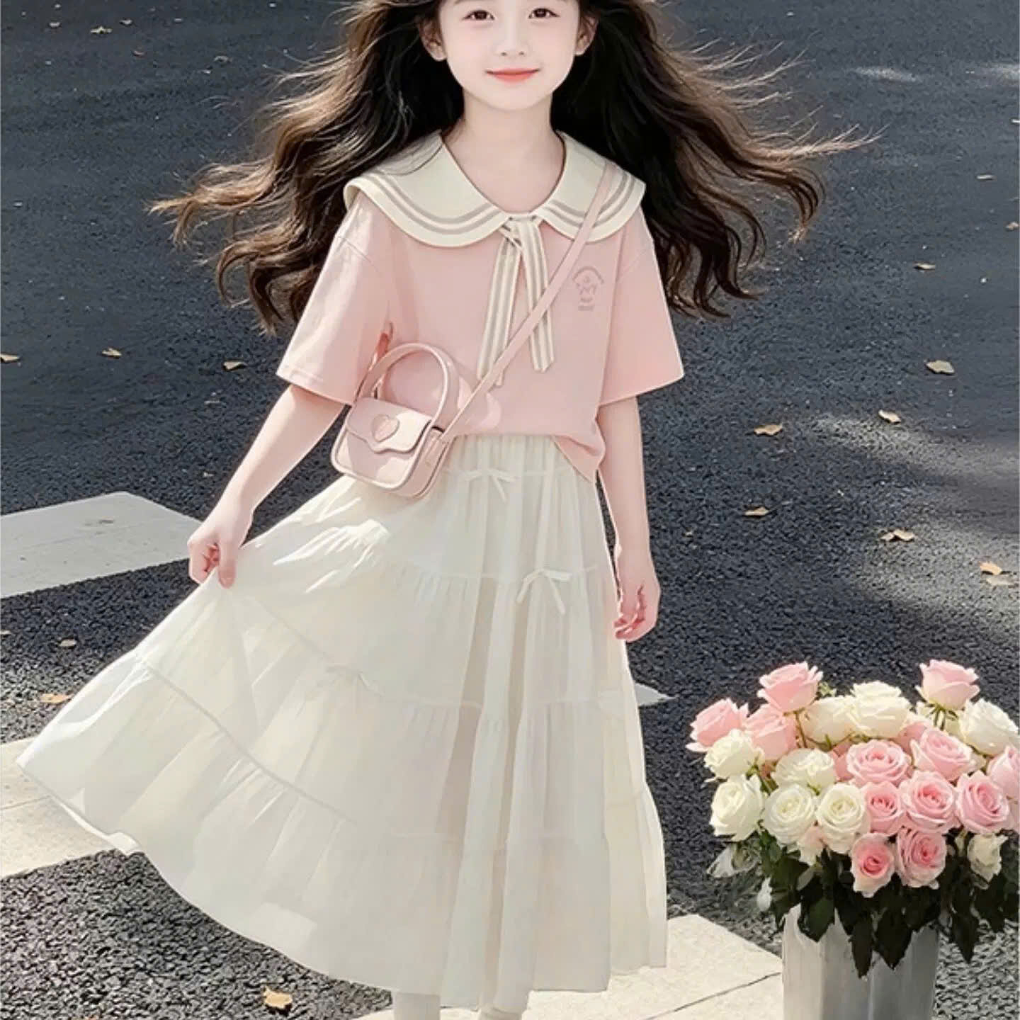 A607 - SET ÁO HỒNG CỘC TAY CỔ THỦY THỦ CV TRẮNG DÀI
