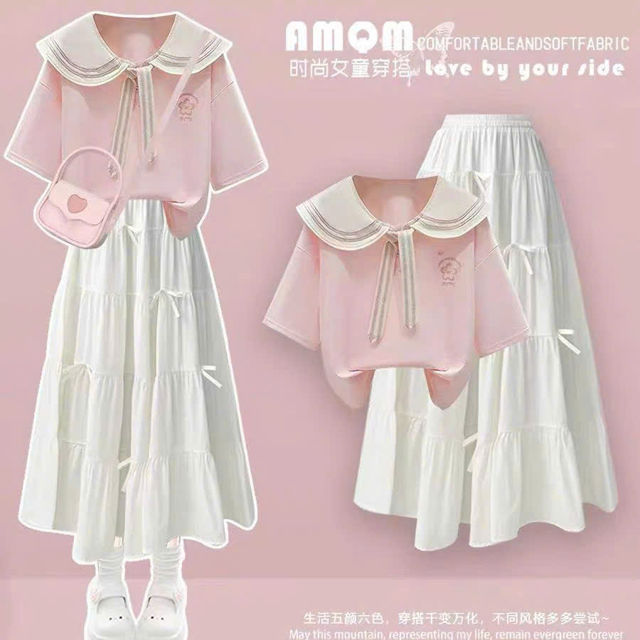 A607 - SET ÁO HỒNG CỘC TAY CỔ THỦY THỦ CV TRẮNG DÀI