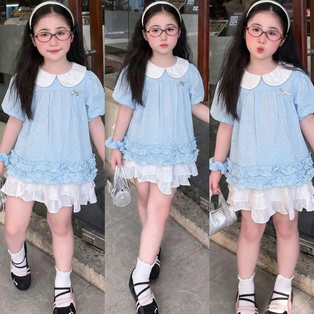 A650 - ÁO SƠ MI CỔ SEN CHẤM BI KÈM DÂY CỘT TÓC