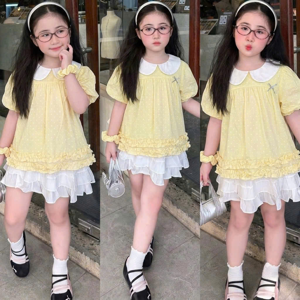 A650 - ÁO SƠ MI CỔ SEN CHẤM BI KÈM DÂY CỘT TÓC