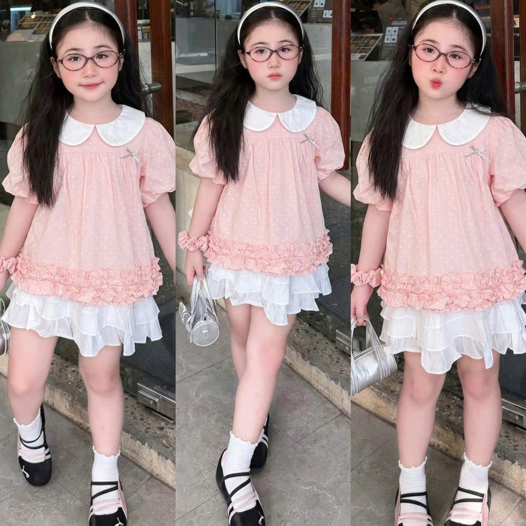 A650 - ÁO SƠ MI CỔ SEN CHẤM BI KÈM DÂY CỘT TÓC