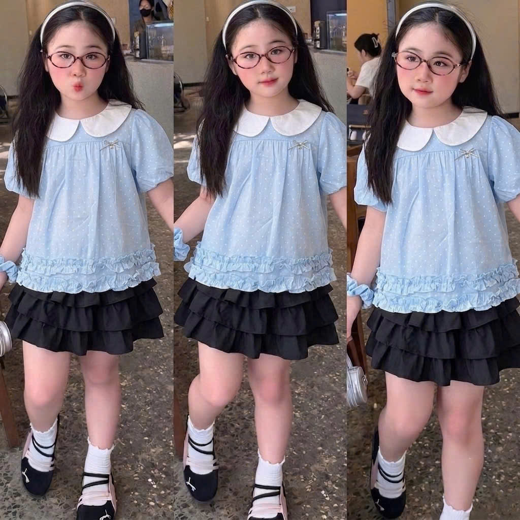 A650 - ÁO SƠ MI CỔ SEN CHẤM BI KÈM DÂY CỘT TÓC