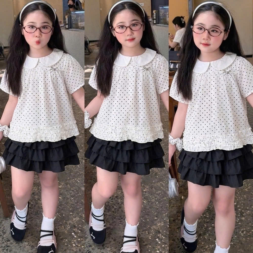 A650 - ÁO SƠ MI CỔ SEN CHẤM BI KÈM DÂY CỘT TÓC