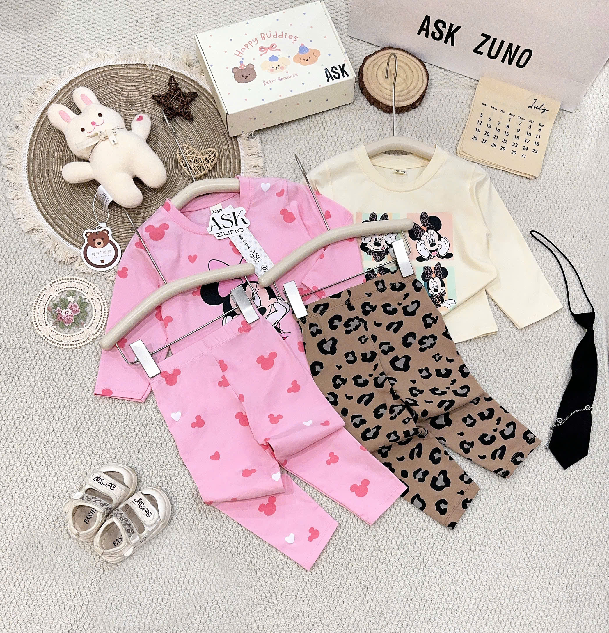 A655 - SET 2 BỘ DÀI TAY MINNIE HỒNG BE NÂU