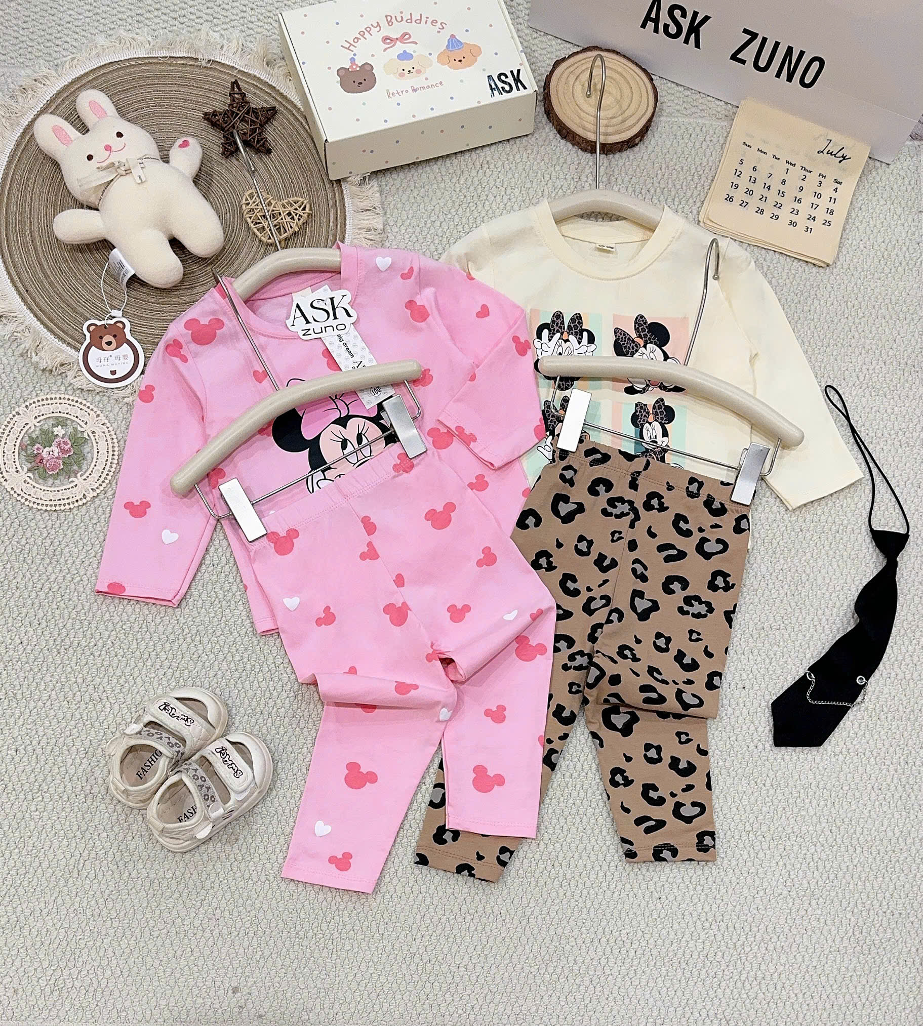 A655 - SET 2 BỘ DÀI TAY MINNIE HỒNG BE NÂU