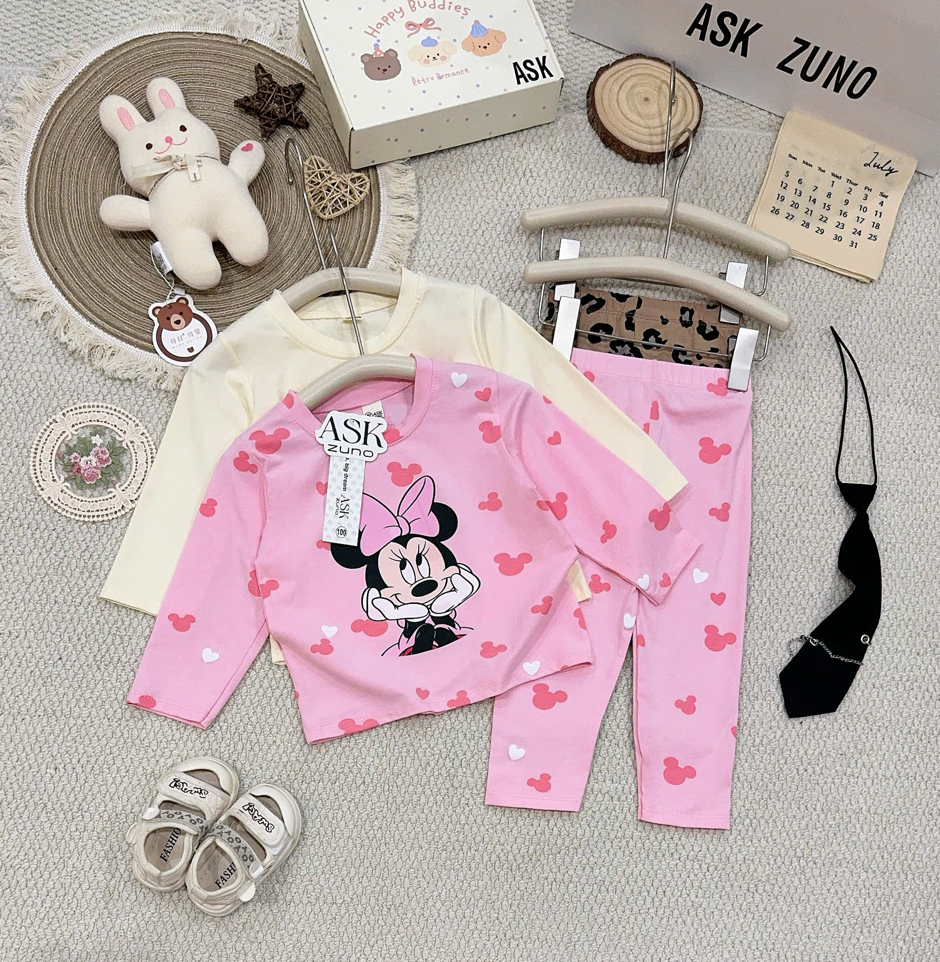 A655 - SET 2 BỘ DÀI TAY MINNIE HỒNG BE NÂU