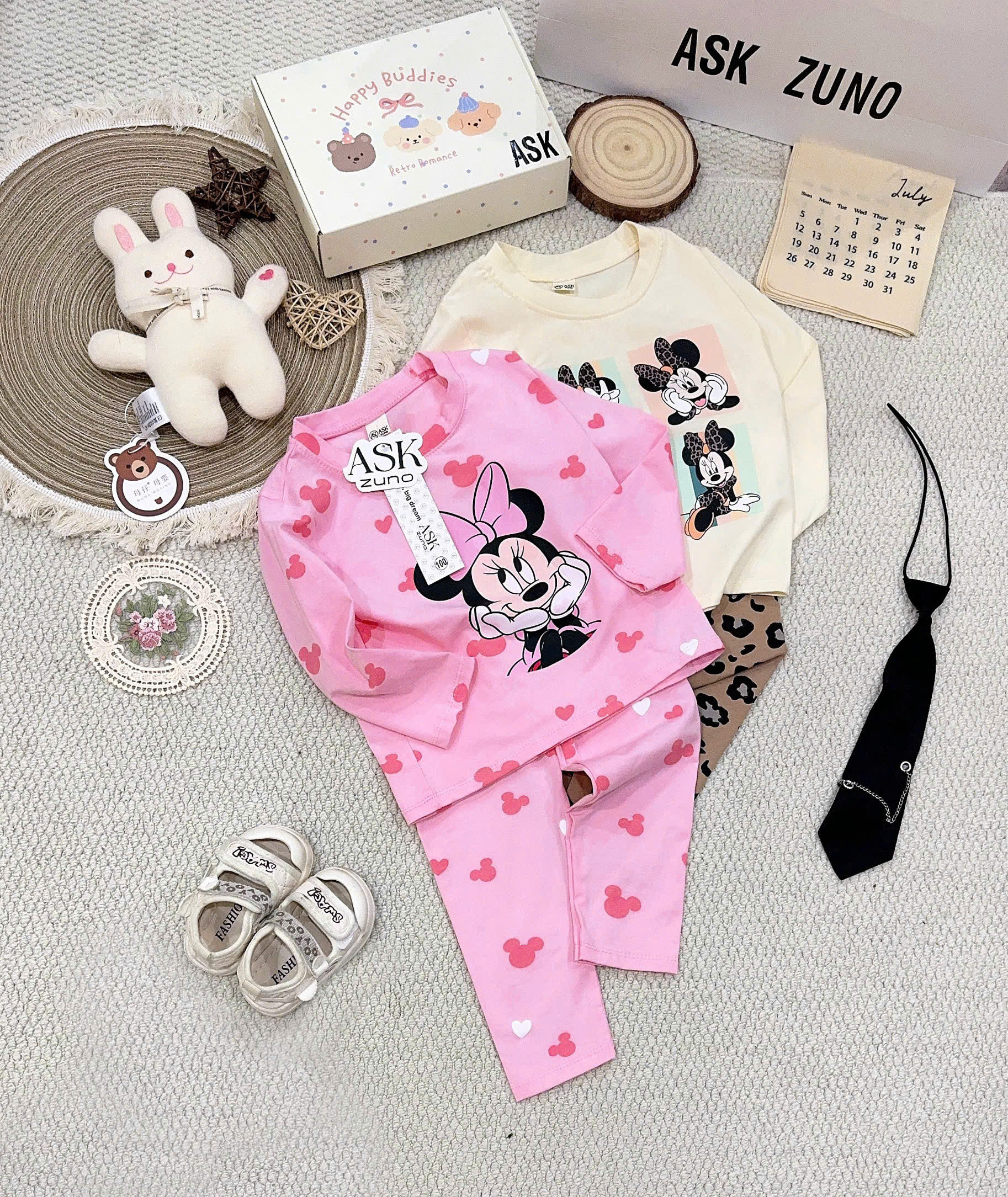 A655 - SET 2 BỘ DÀI TAY MINNIE HỒNG BE NÂU