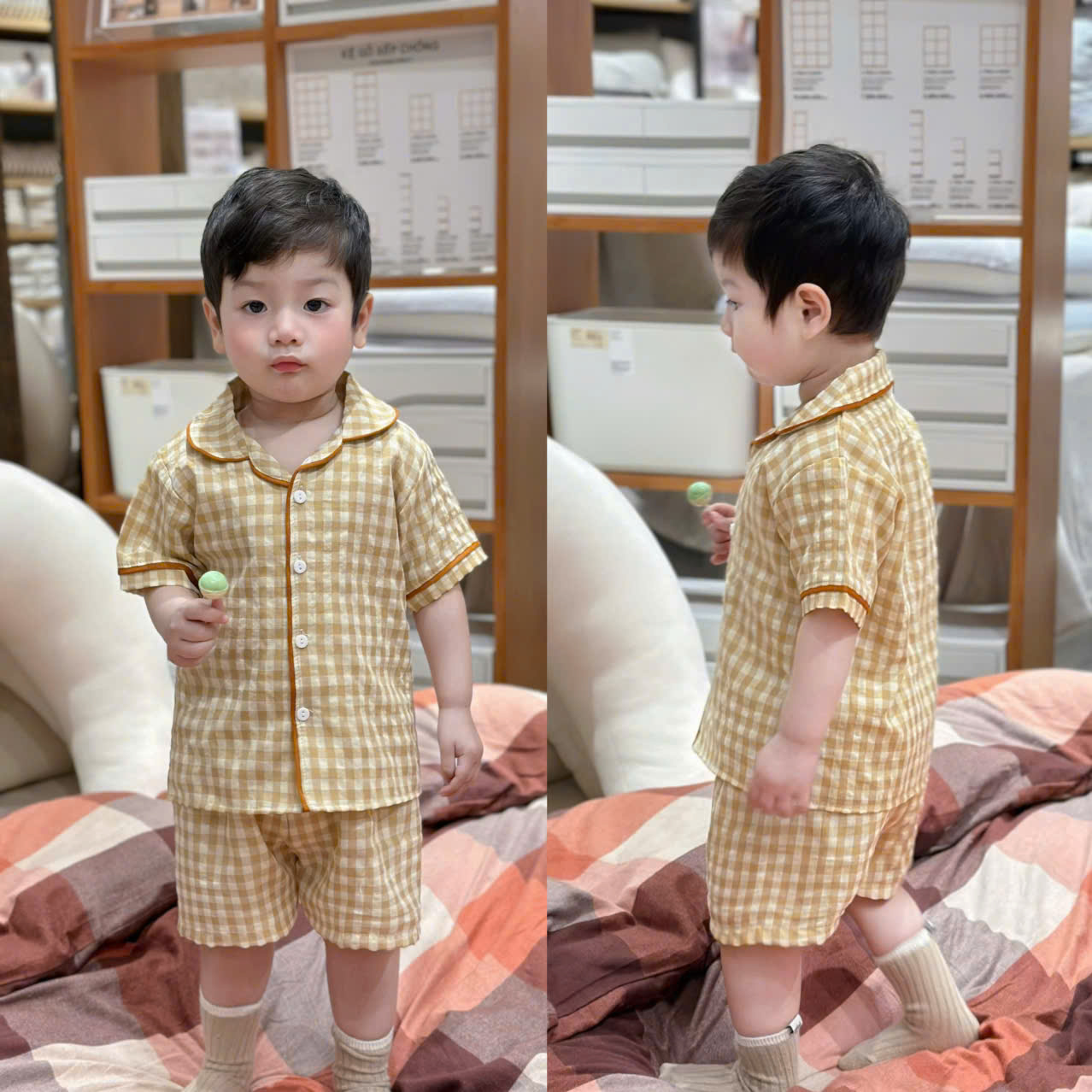 XẢ B113 - SET 2 BỘ PIJAMA ĐŨI KẺ VÀNG NÂU