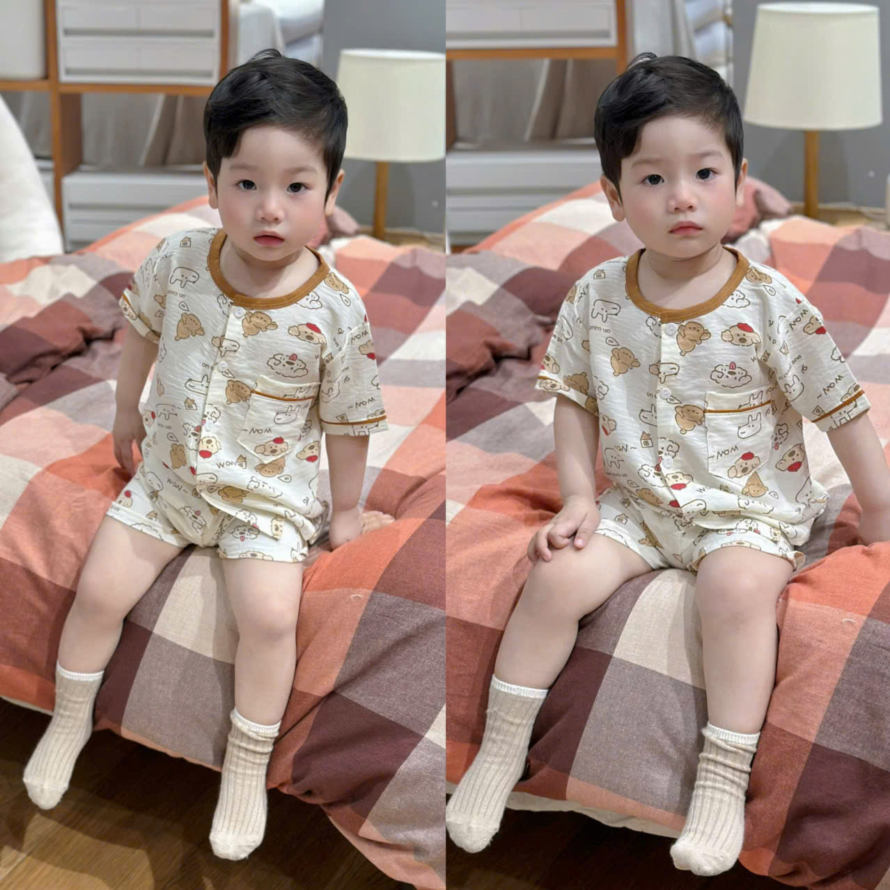 XẢ B113 - SET 2 BỘ PIJAMA ĐŨI KẺ VÀNG NÂU