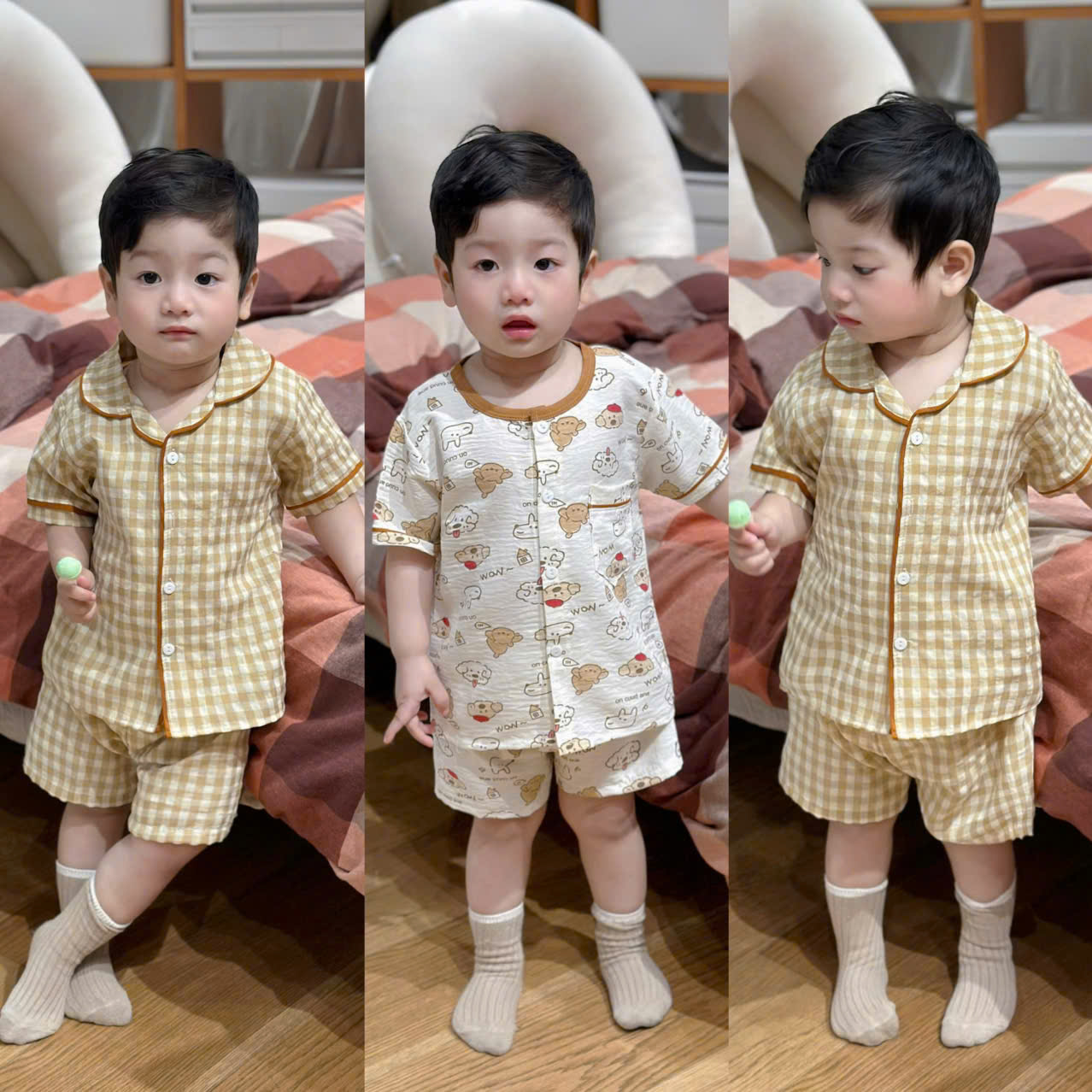XẢ B113 - SET 2 BỘ PIJAMA ĐŨI KẺ VÀNG NÂU