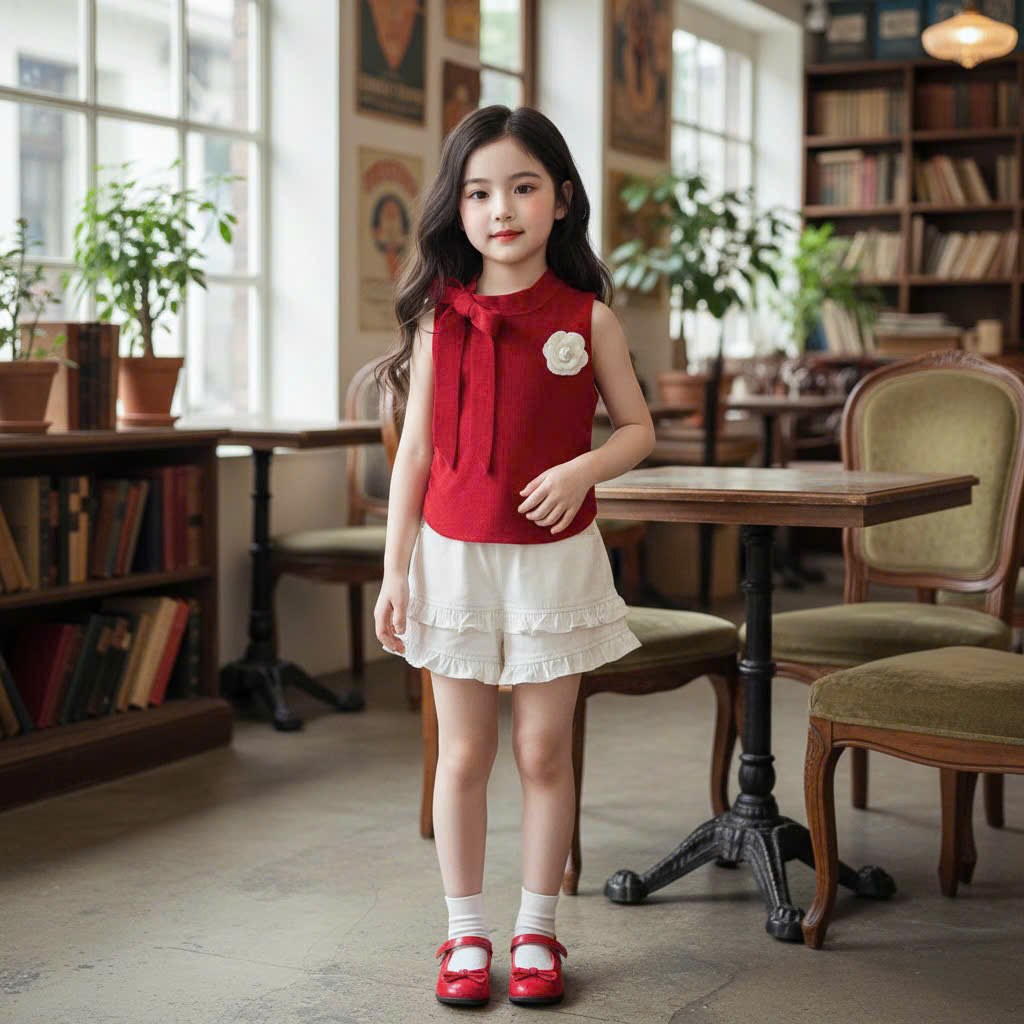 XẢ B118 - SET BG ÁO ĐỎ HOA TRÀ QUẦN KAKI
