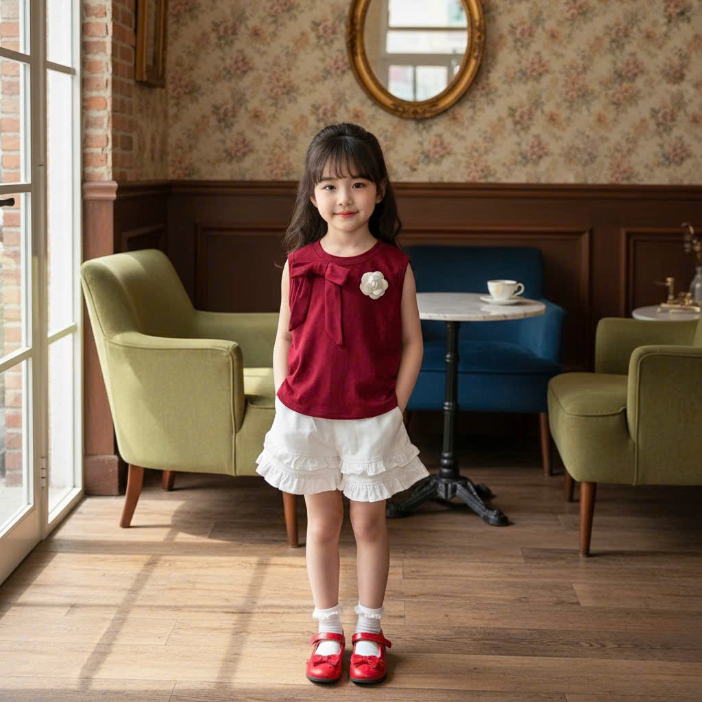 XẢ B118 - SET BG ÁO ĐỎ HOA TRÀ QUẦN KAKI