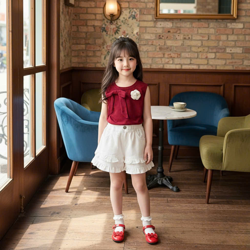 XẢ B118 - SET BG ÁO ĐỎ HOA TRÀ QUẦN KAKI