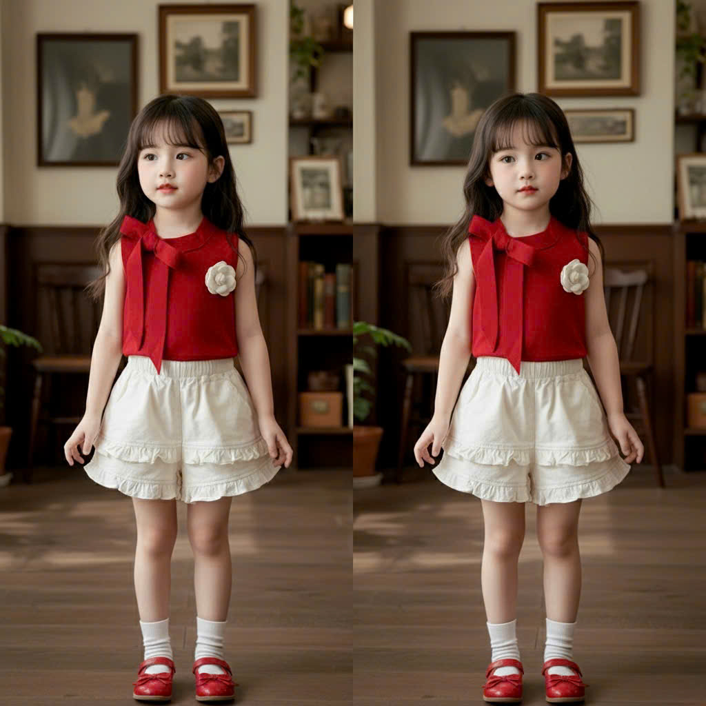 XẢ B118 - SET BG ÁO ĐỎ HOA TRÀ QUẦN KAKI