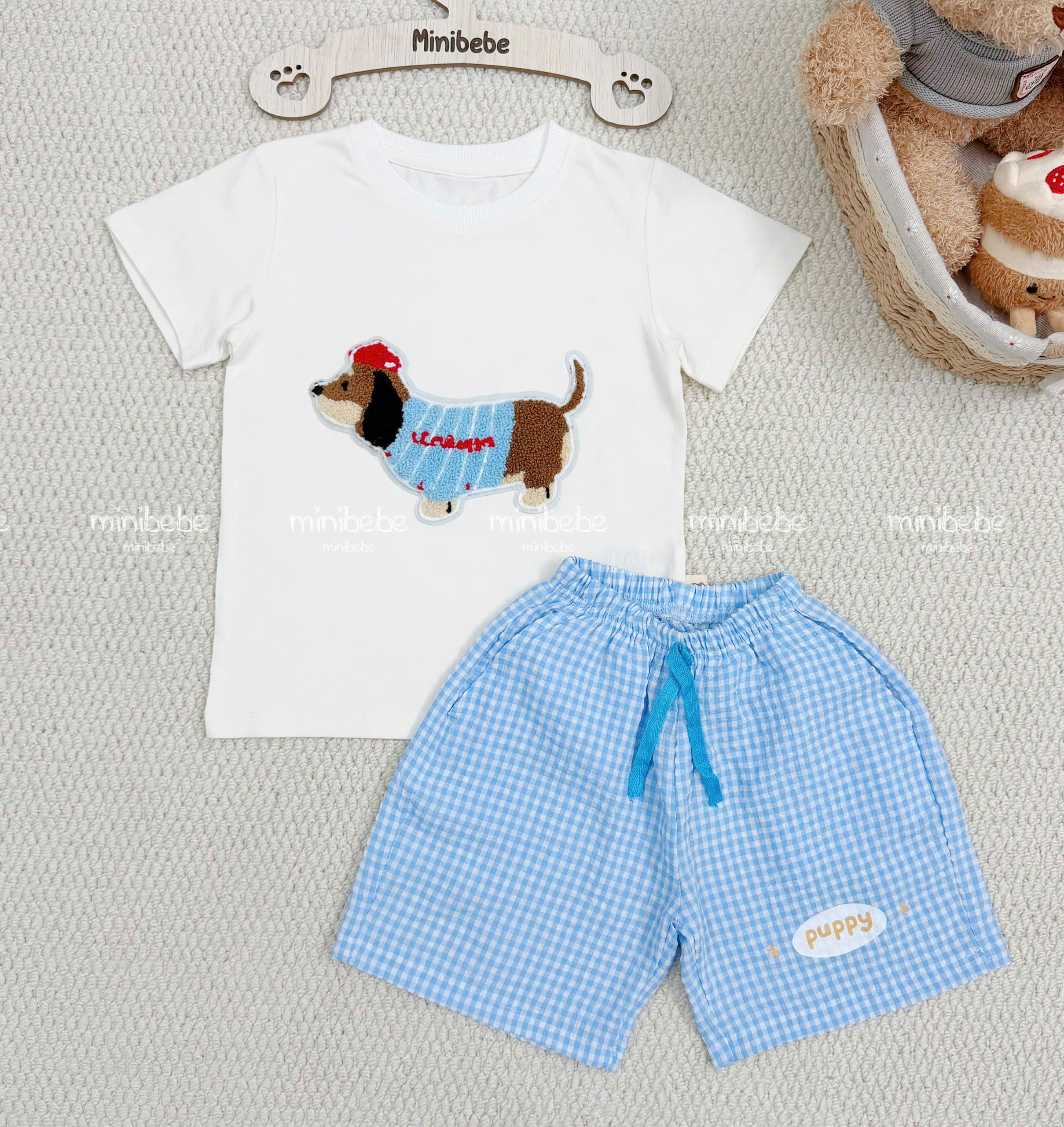 XẢ B133 - SET BỘ PHÔNG TRẮNG THÊU CÚN XÙ QUẦN XANH