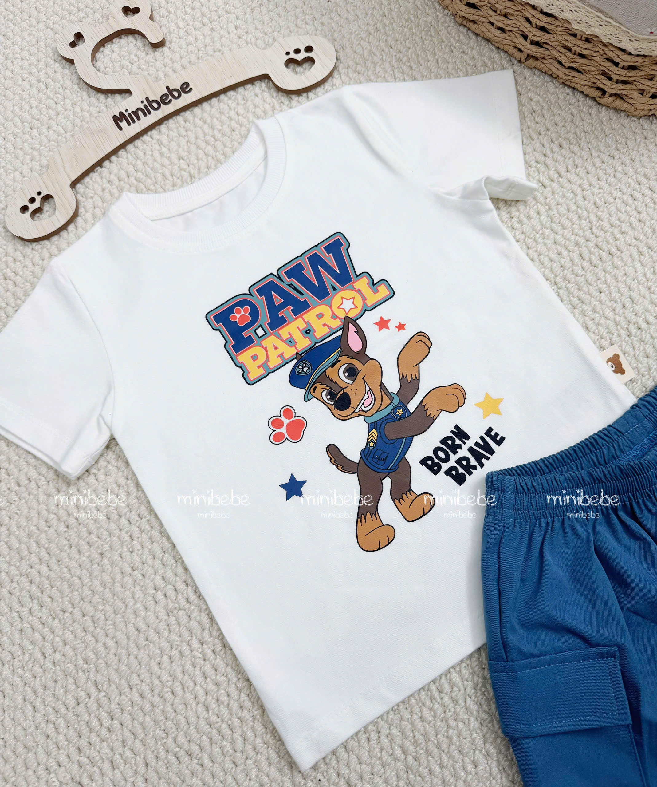XẢ B143 - SET BỘ CHÓ CỨU HỘ TRẮNG QUẦN TÚI HỘP XANH JEAN