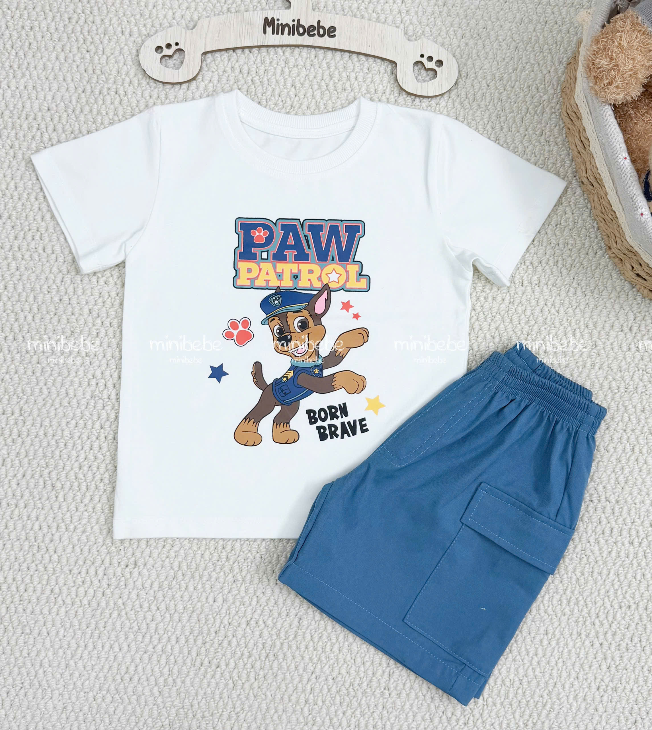 XẢ B143 - SET BỘ CHÓ CỨU HỘ TRẮNG QUẦN TÚI HỘP XANH JEAN