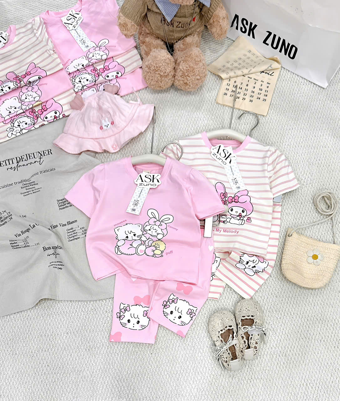 XẢ B192 - SET 2 BỘ HỒNG MELODY KẺ MÈO THỎ HỒNG