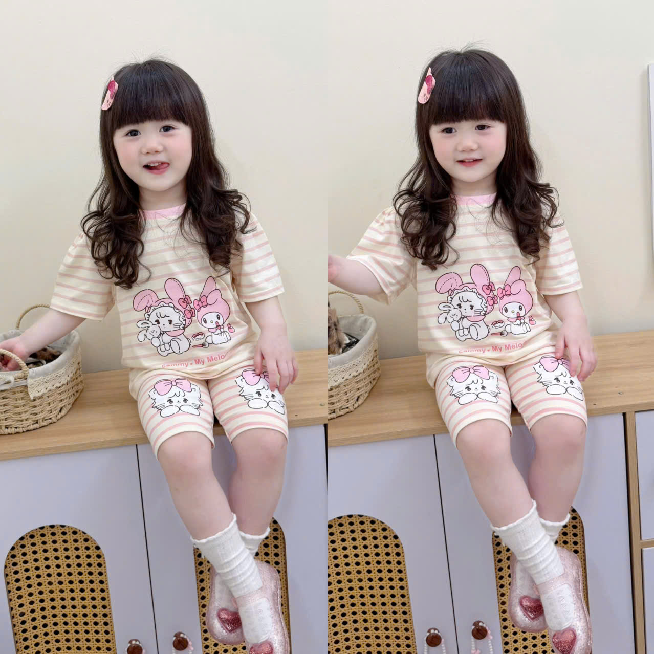 XẢ B192 - SET 2 BỘ HỒNG MELODY KẺ MÈO THỎ HỒNG