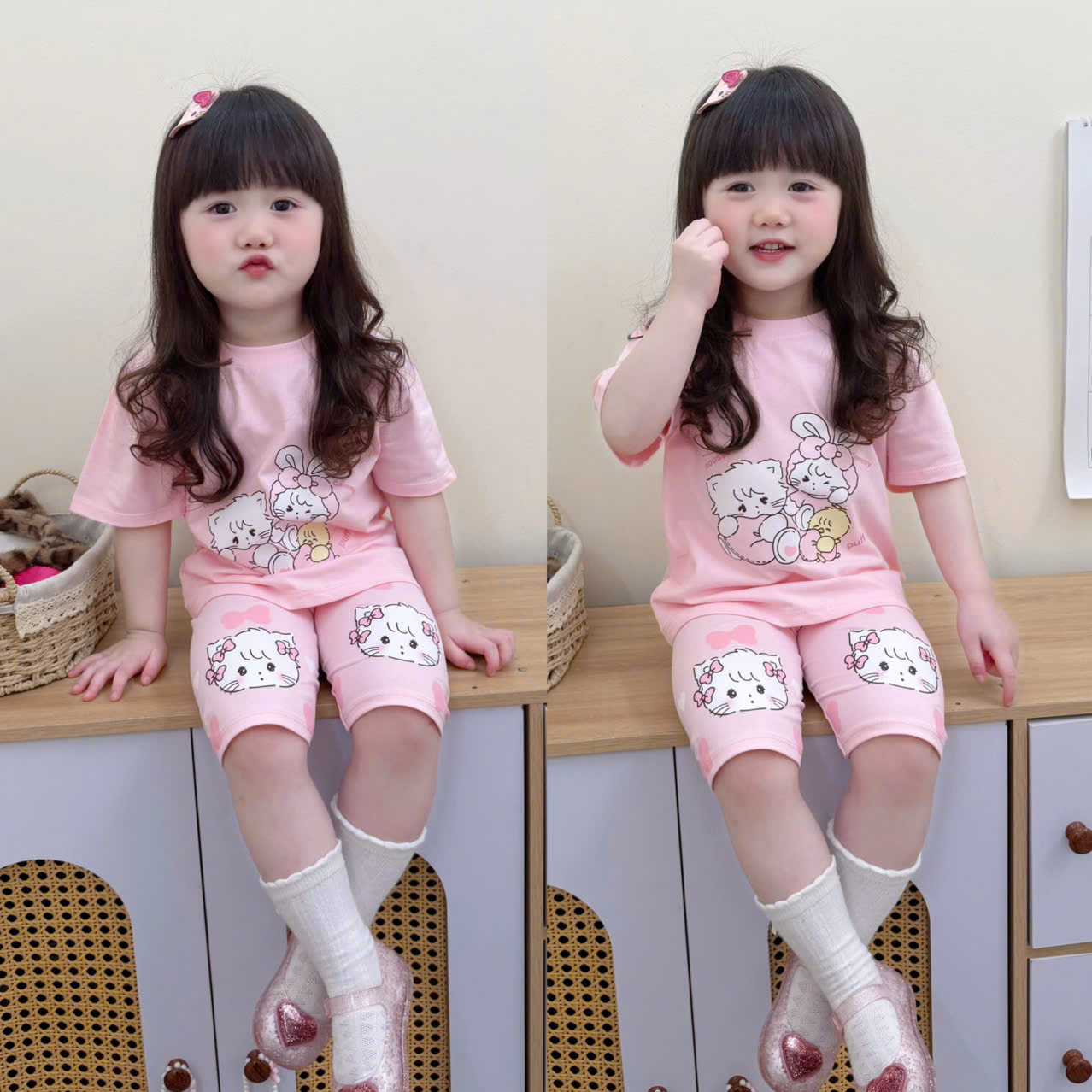 XẢ B192 - SET 2 BỘ HỒNG MELODY KẺ MÈO THỎ HỒNG
