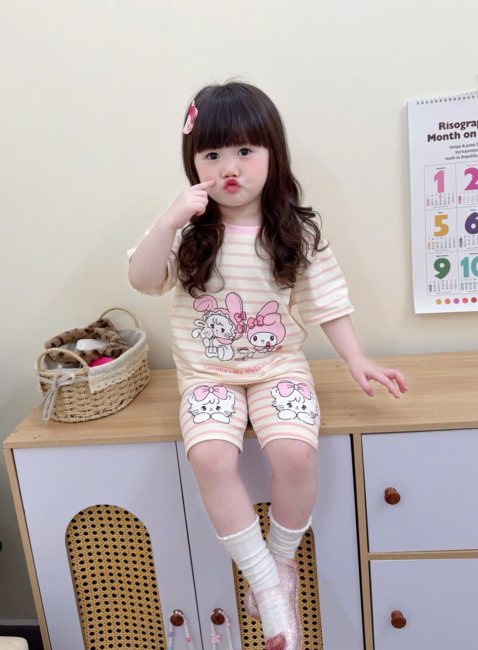 XẢ B192 - SET 2 BỘ HỒNG MELODY KẺ MÈO THỎ HỒNG