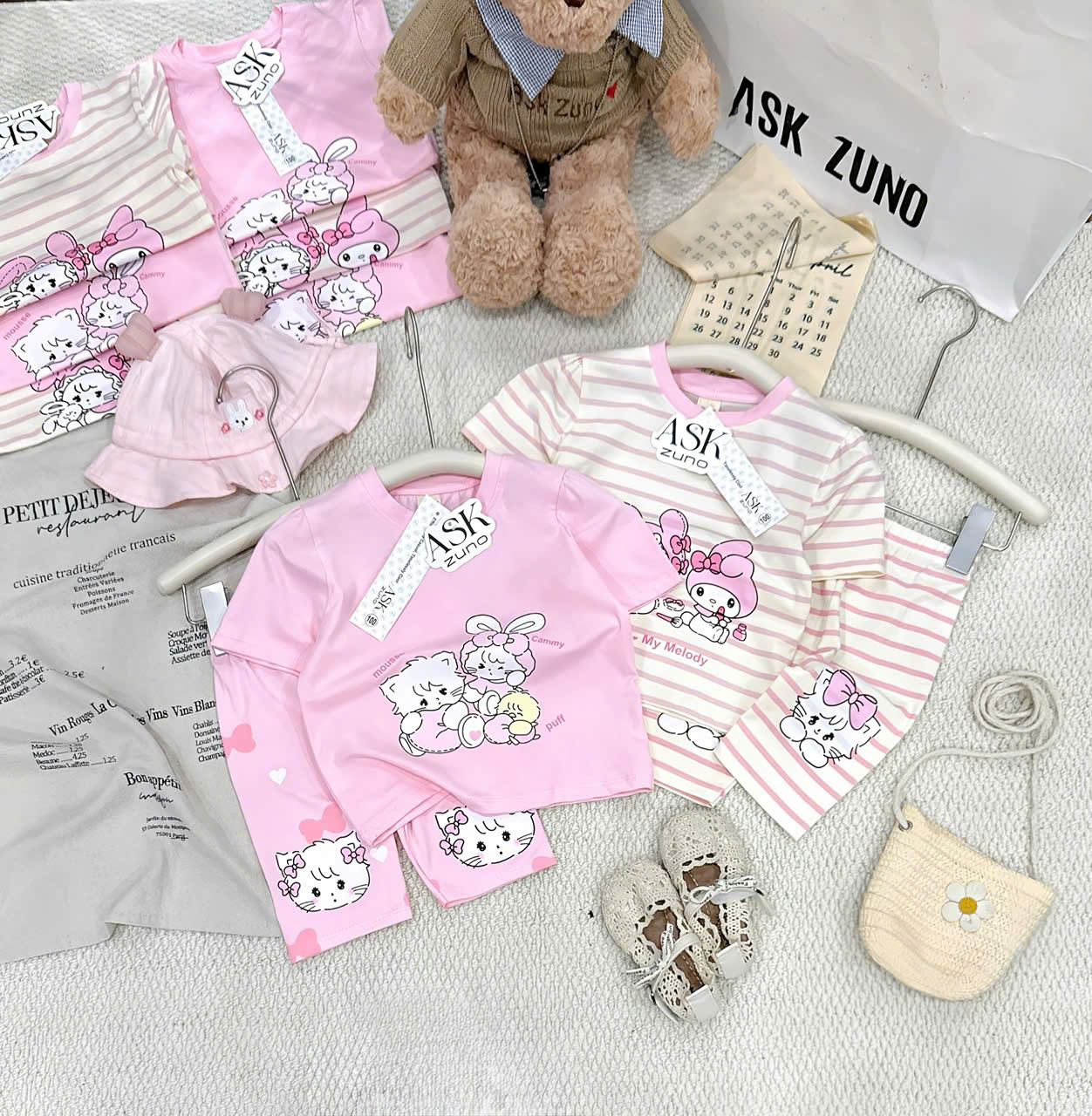 XẢ B192 - SET 2 BỘ HỒNG MELODY KẺ MÈO THỎ HỒNG