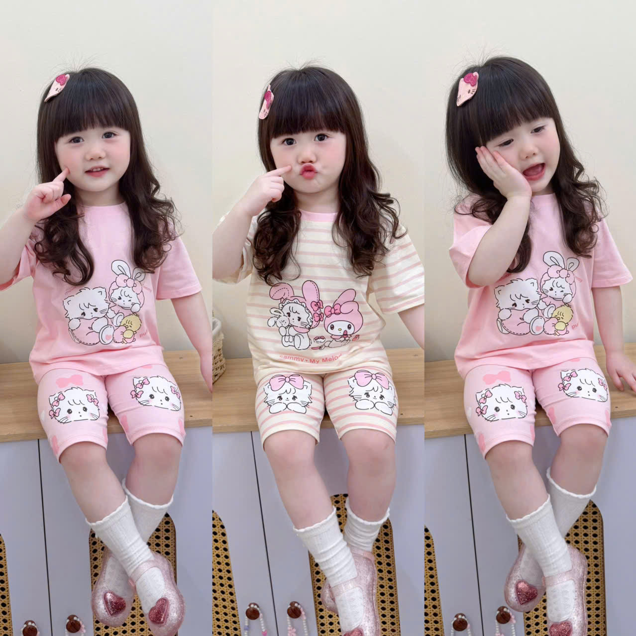 XẢ B192 - SET 2 BỘ HỒNG MELODY KẺ MÈO THỎ HỒNG