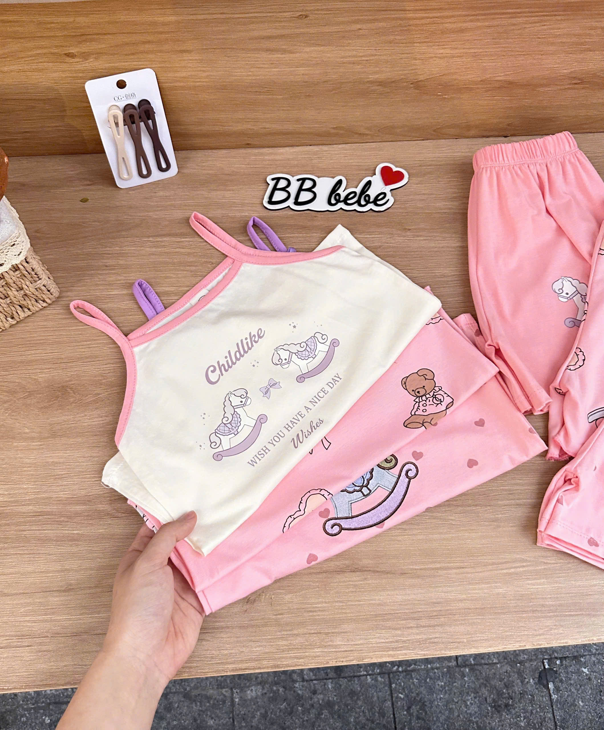 XẢ B242 - SET 3 BỘ NGỰA BẬP BÊNH GẤU TONE HỒNG