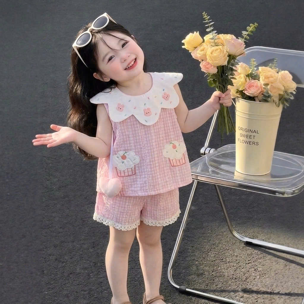 XẢ B244 - SET BỘ KẺ HỒNG CÔ TRẮNG QUẦN PHỐI VIỀN REN