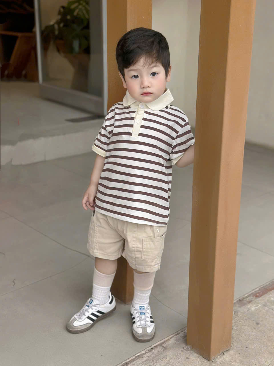 XẢ B262 - SET POLO KẺ NÂU QUẦN KAKI NÂU KEM