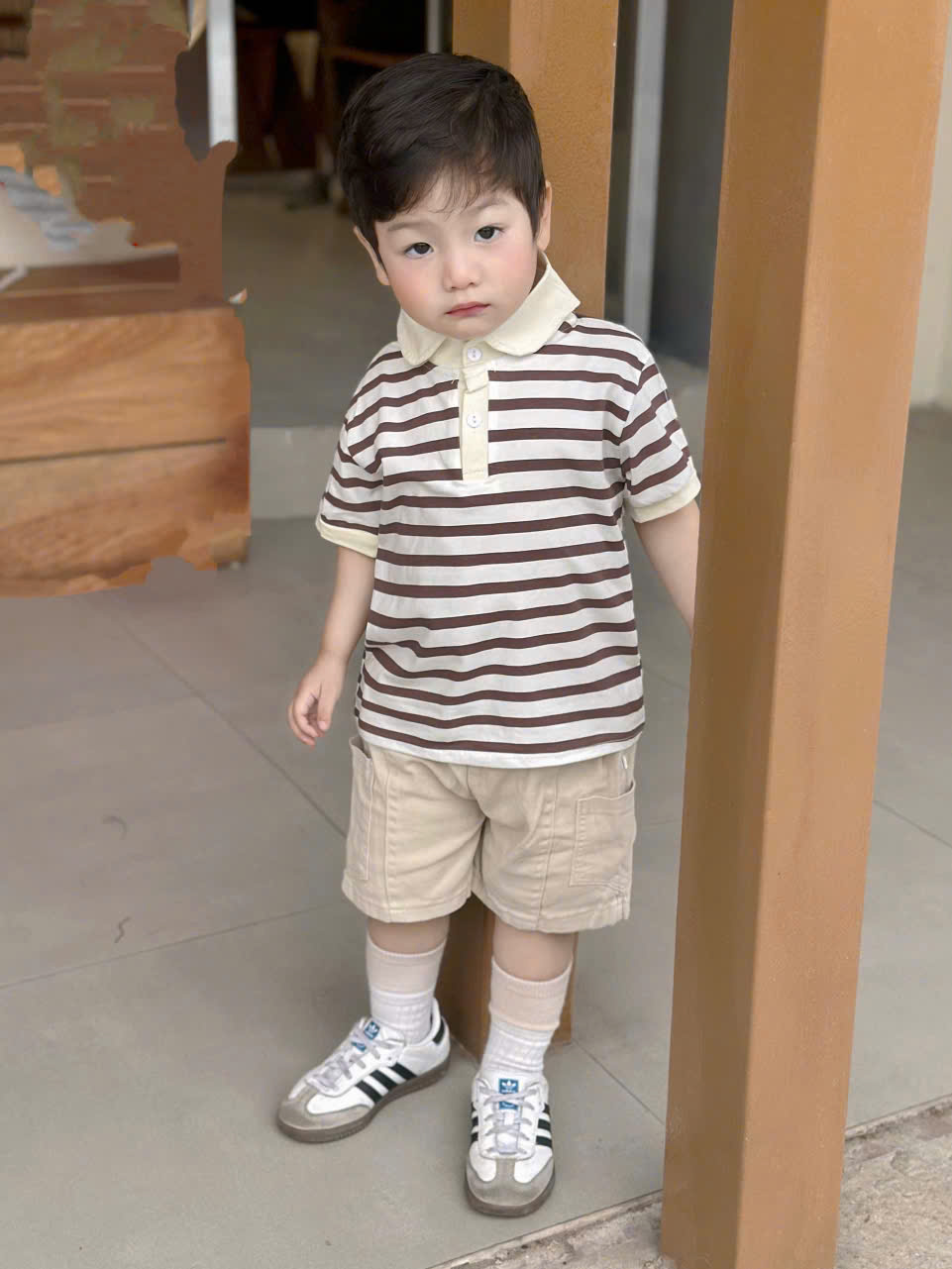 XẢ B262 - SET POLO KẺ NÂU QUẦN KAKI NÂU KEM