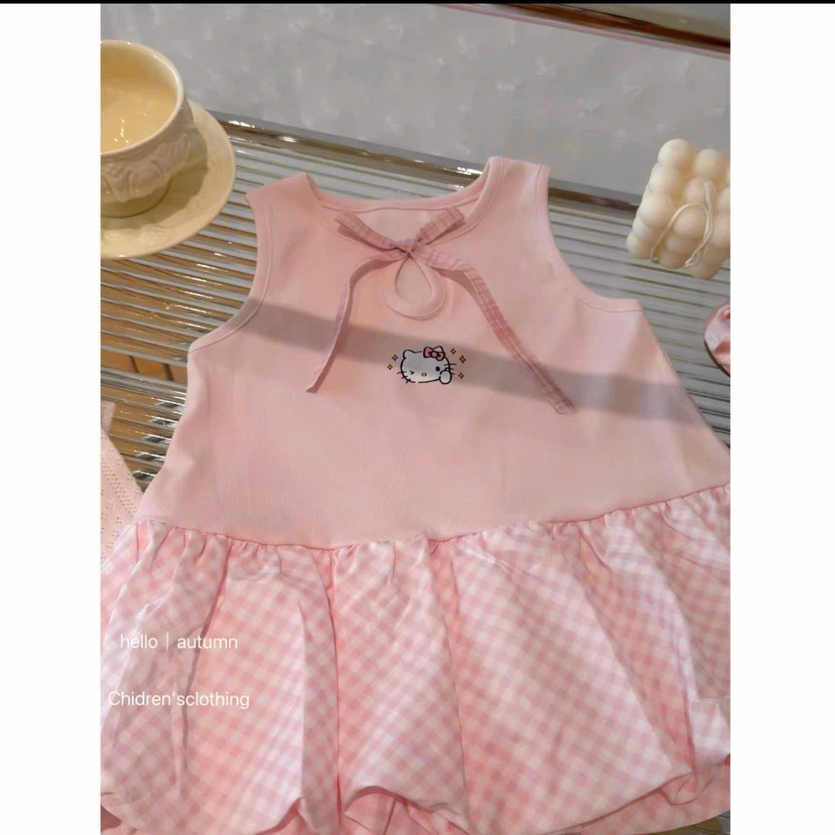XẢ B315 - VÁY BÍ HỒNG KITTY PHỐI CARO KẺ
