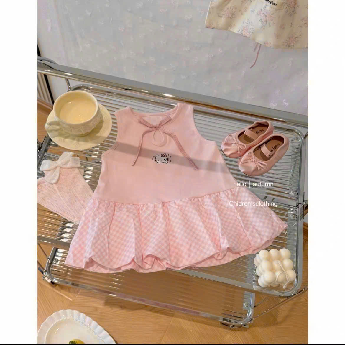 XẢ B315 - VÁY BÍ HỒNG KITTY PHỐI CARO KẺ