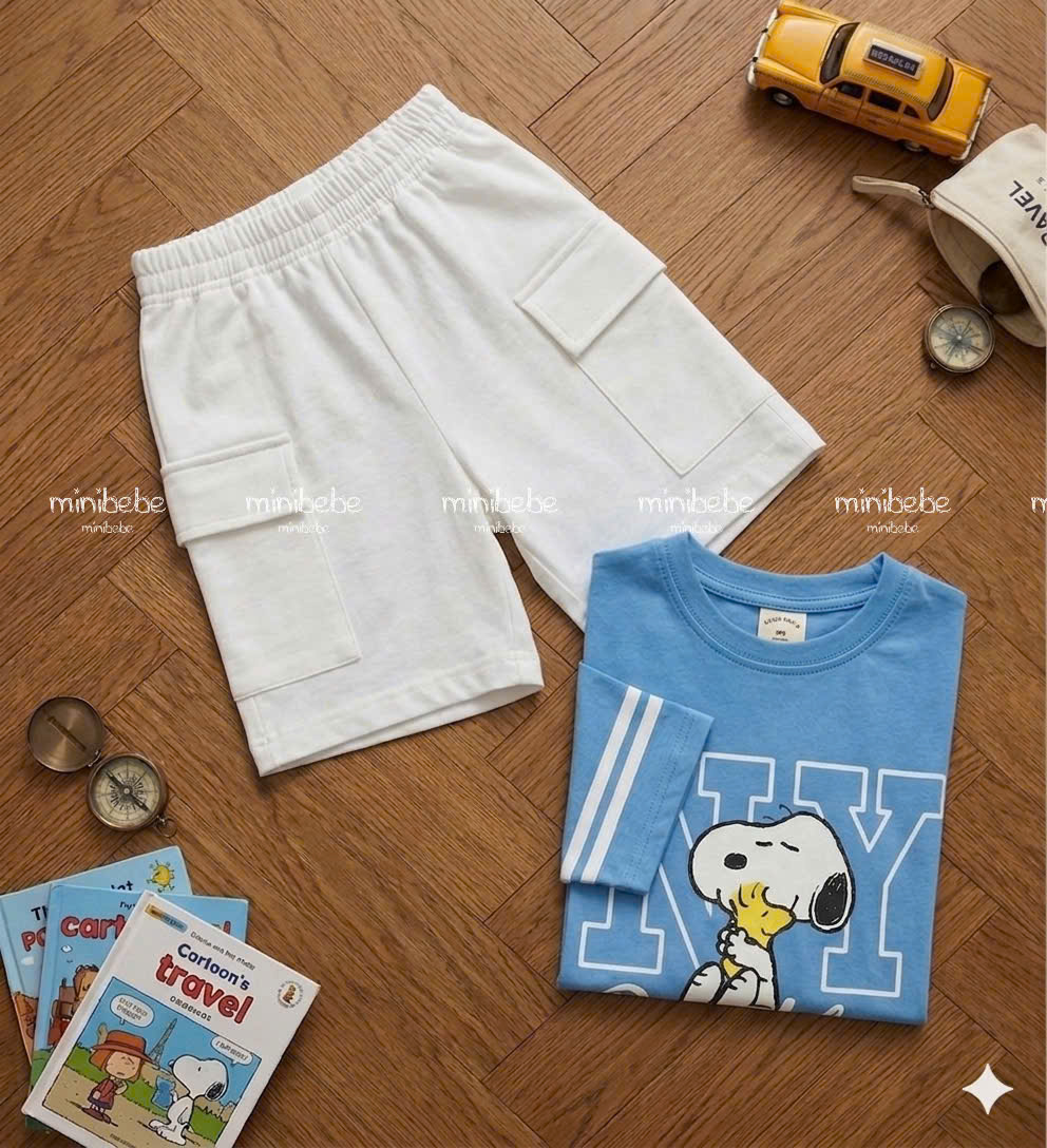 XẢ B319 - SET BỘ SNOOPY XANH QUẦN TÚI HỘP TRẮNG