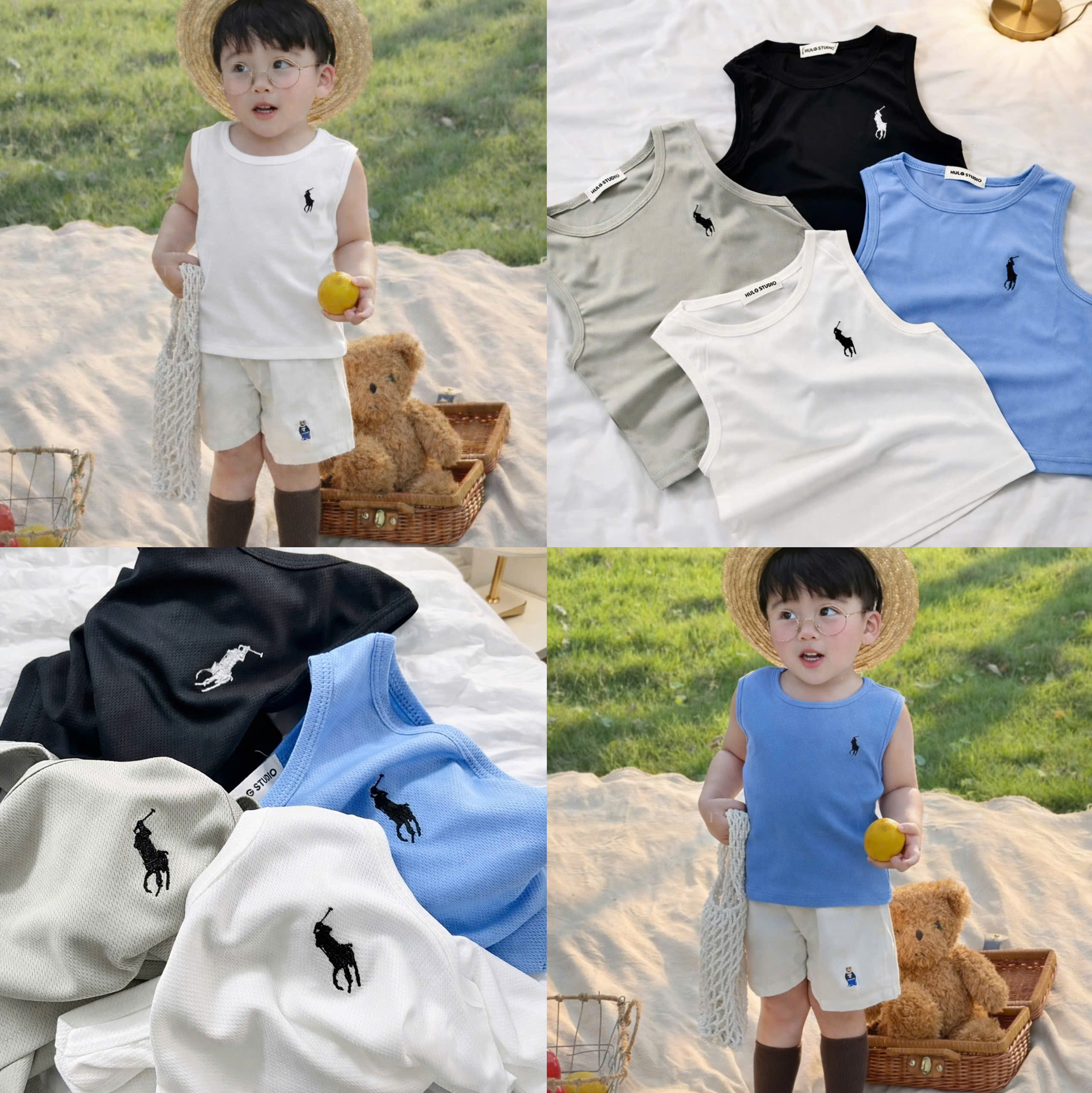 XẢ B320 - SET 4 ÁO BA LỖ THÊU NGỰA XANH TRẮNG ĐEN XÁM
