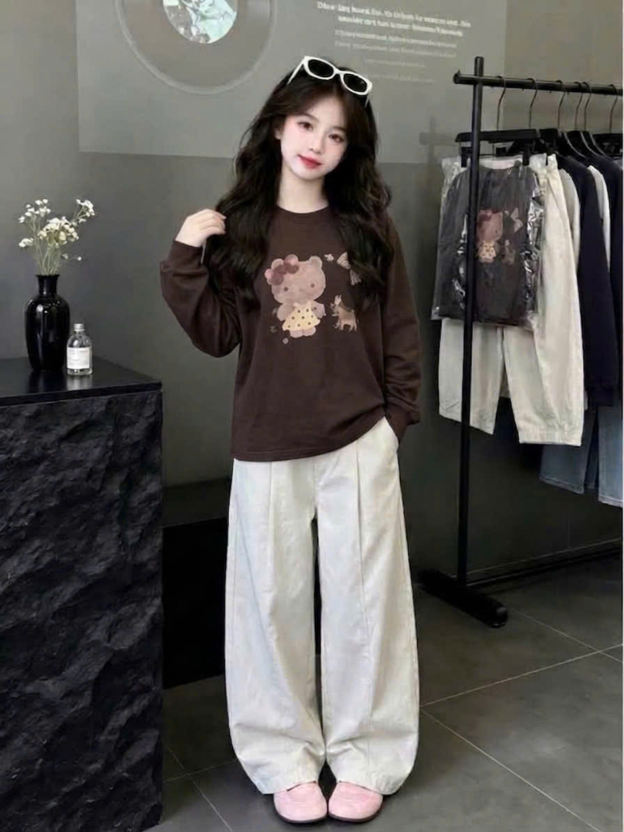 B345 - SET ÁO KITTY ĐÍNH NƠ NỔI QUẦN KAKI 2 MÀU