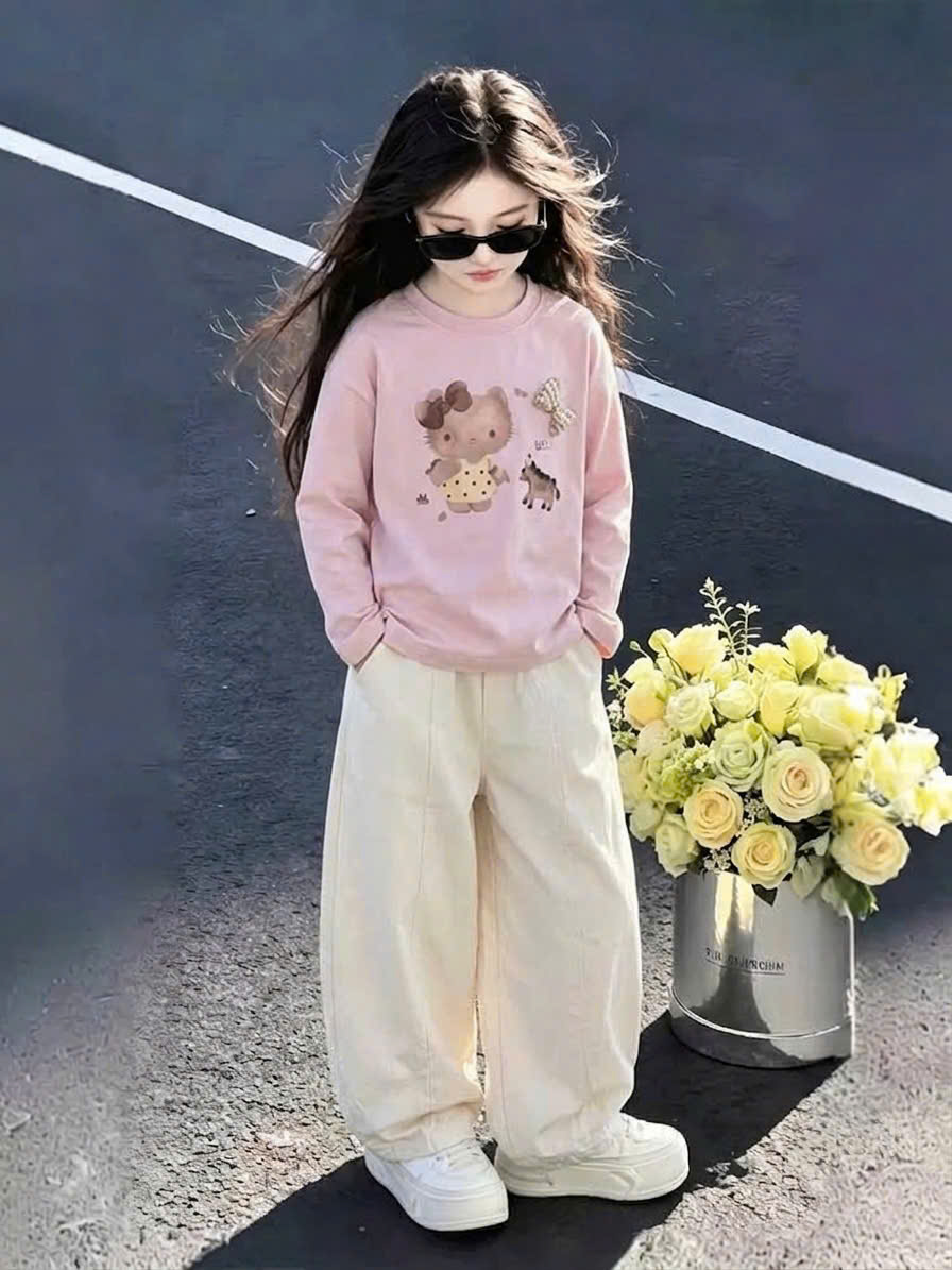B345 - SET ÁO KITTY ĐÍNH NƠ NỔI QUẦN KAKI 2 MÀU
