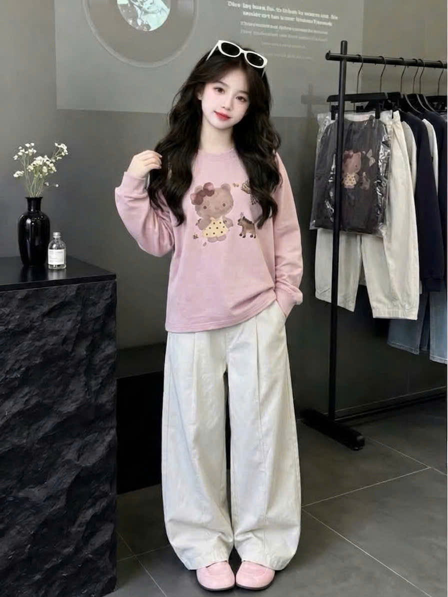 B345 - SET ÁO KITTY ĐÍNH NƠ NỔI QUẦN KAKI 2 MÀU