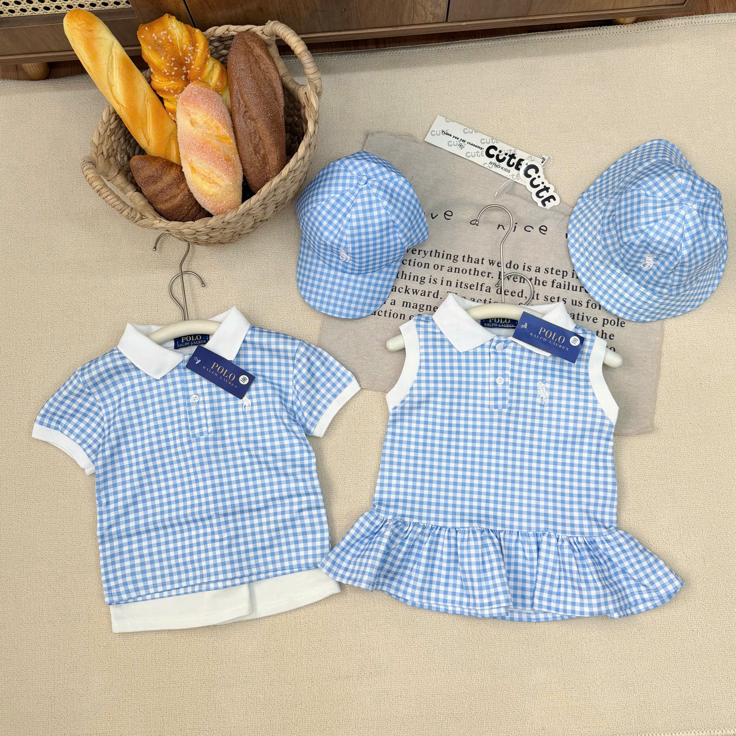 XẢ B345 - SET ĐÔI BÉ TRAI BÉ GÁI CARO XANH TRỜI KÈM MŨ