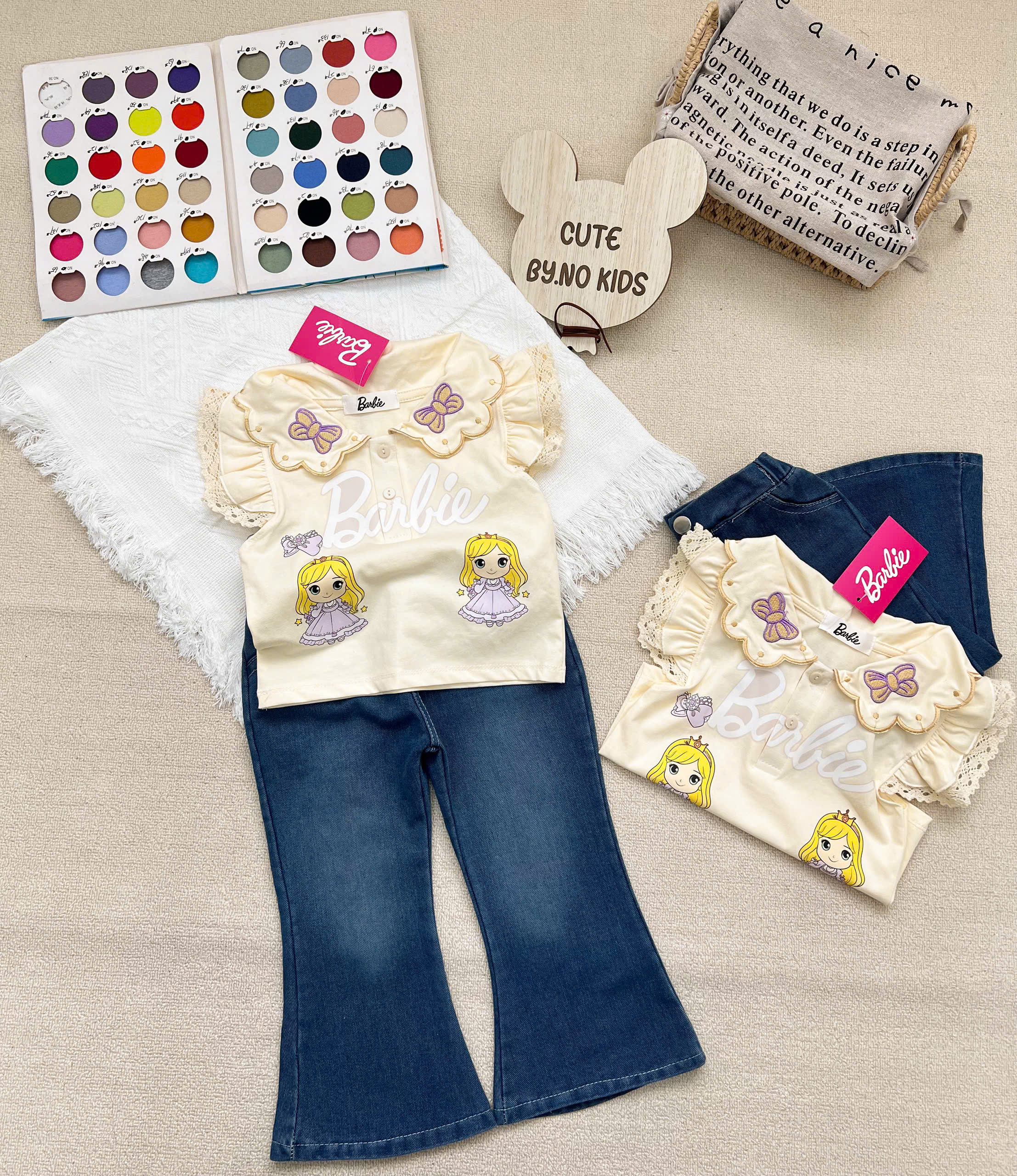 XẢ B349 - SET ÁO VÀNG THÊU NƠ IN HÌNH CÔ GÁI BARBIE