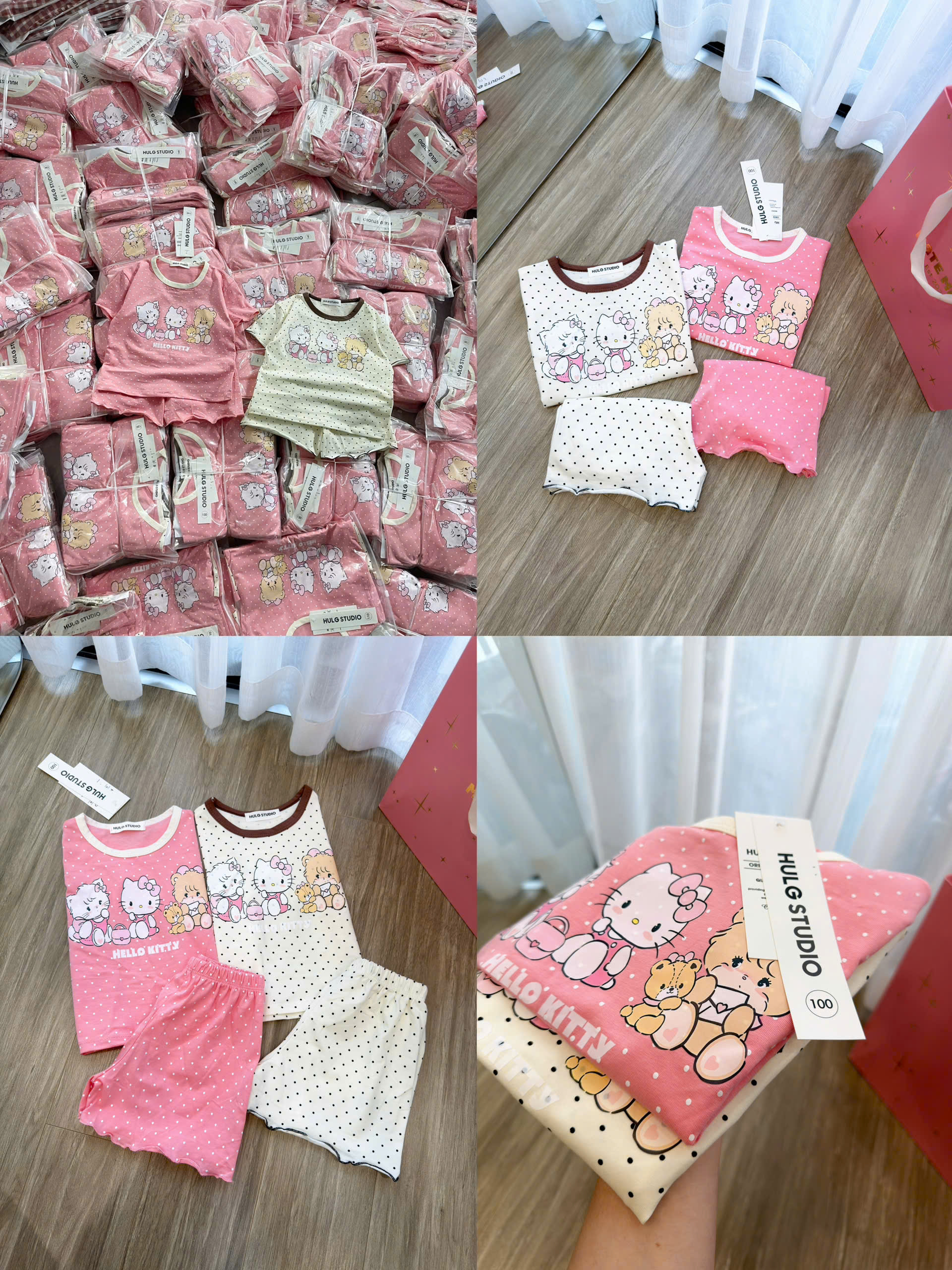 XẢ B371 - SET 2 BỘ KITTY MÈO CHẤM BI TRẮNG HỒNG