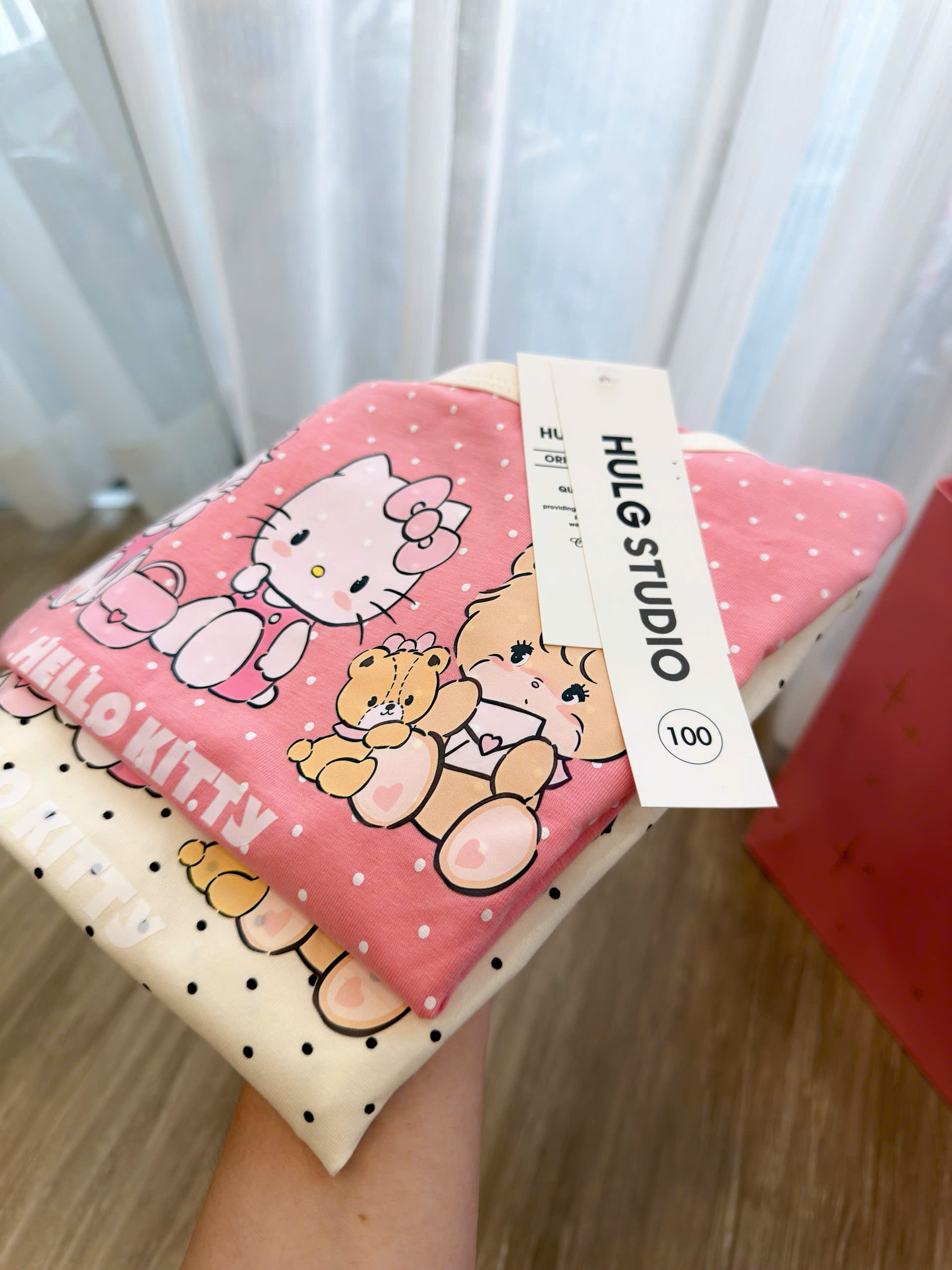 XẢ B371 - SET 2 BỘ KITTY MÈO CHẤM BI TRẮNG HỒNG