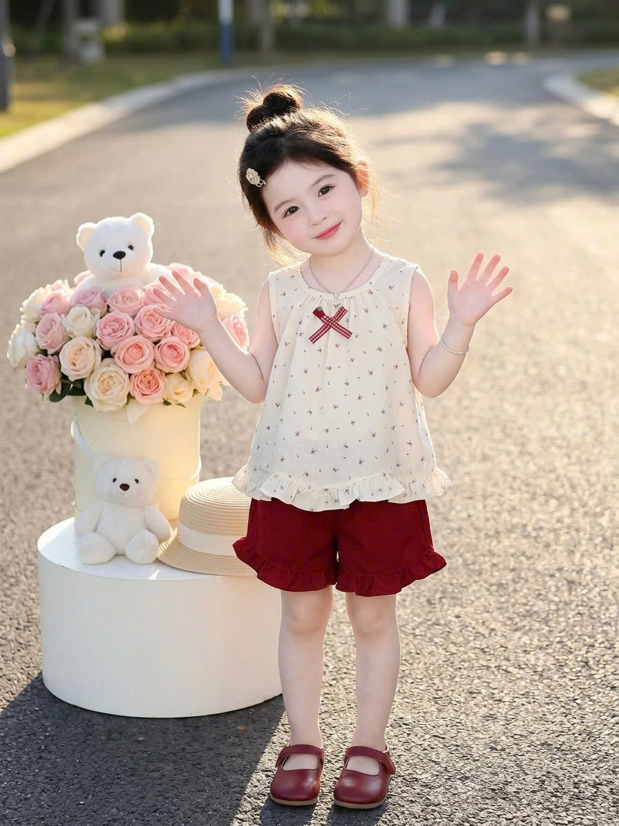 XẢ B374 - SET ÁO THÔ TRẮNG HOA NHÍ SÁT NÁCH QUẦN ĐỎ