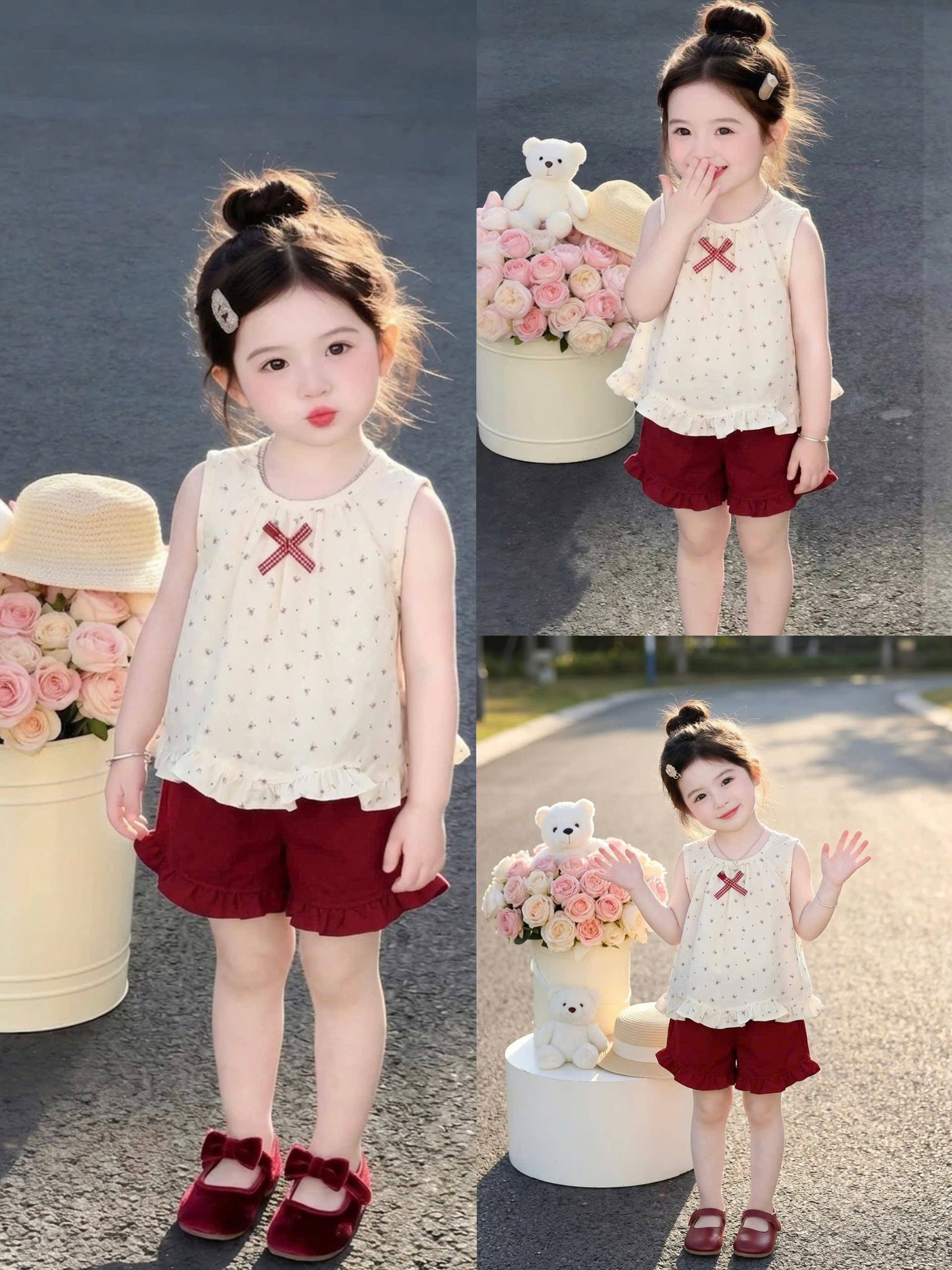 XẢ B374 - SET ÁO THÔ TRẮNG HOA NHÍ SÁT NÁCH QUẦN ĐỎ