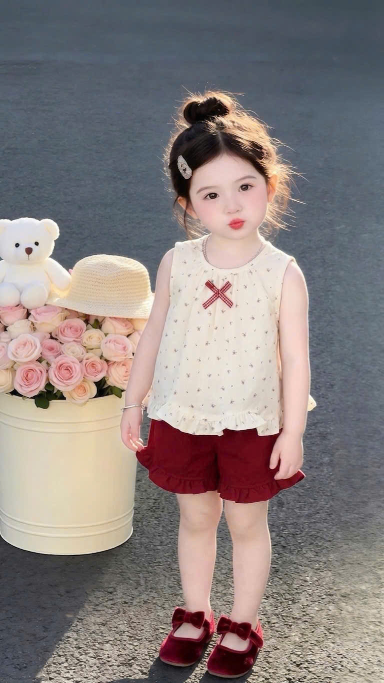 XẢ B374 - SET ÁO THÔ TRẮNG HOA NHÍ SÁT NÁCH QUẦN ĐỎ