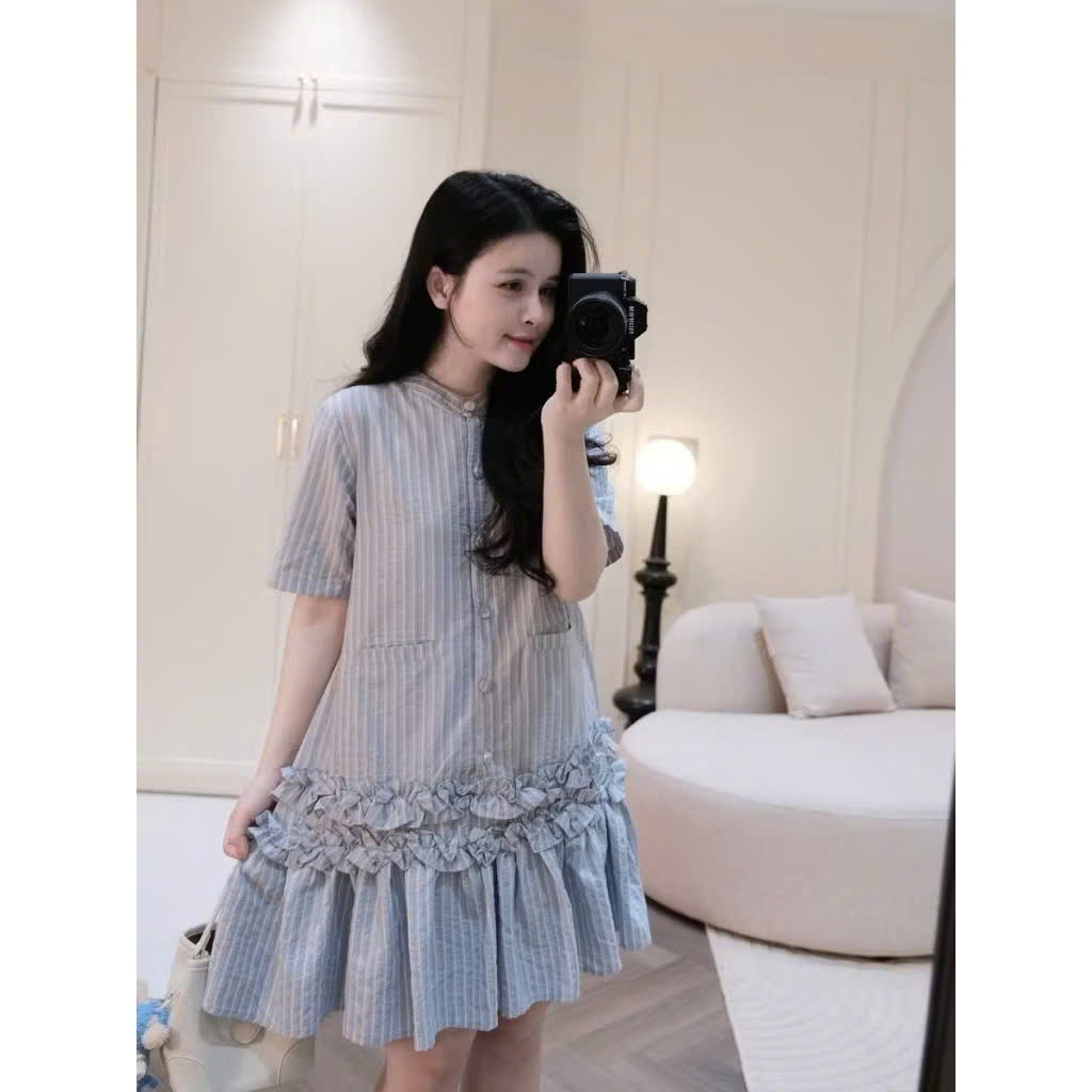 XẢ B377 - VÁY KẺ XANH CHỮ A BÈO